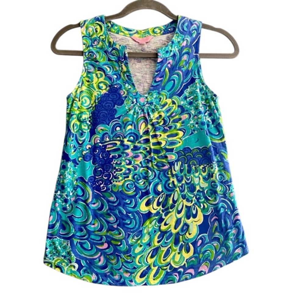 Lilly Pulitzer Tank Top Split Neck Blue Swirl  Size XS